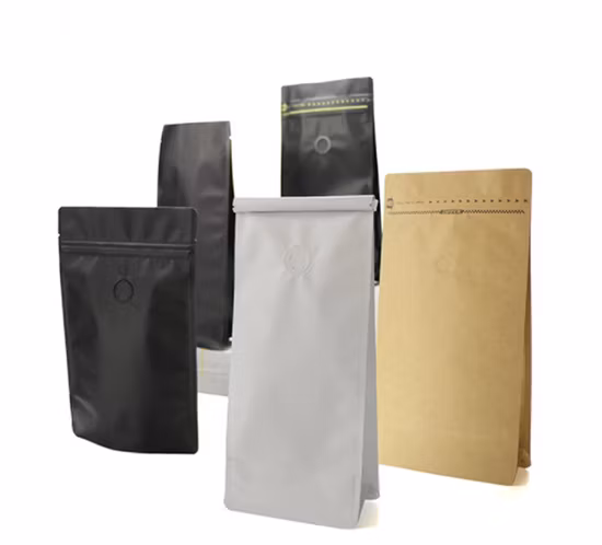Sacchetti di caffè con soffietto laterale in plastica con fondo piatto in foglio di alluminio stampati su misura con fascetta in stagno e valvola