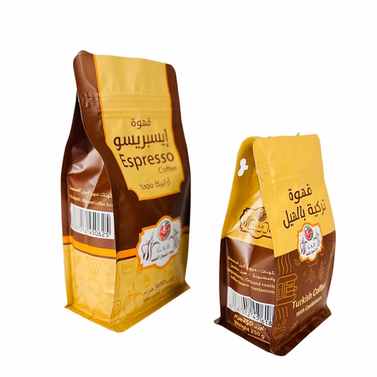 Personalizza la borsa da caffè Borsa da caffè con fondo piatto con chiusura a otto guarnizioni laterali in piedi con valvola di imballaggio per polvere di chicchi di caffè